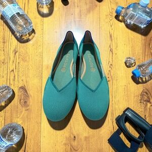 Rothys The Flat Teal Green Knit Round Toe Ballet Flats Womens 9.5 Washable Shoes